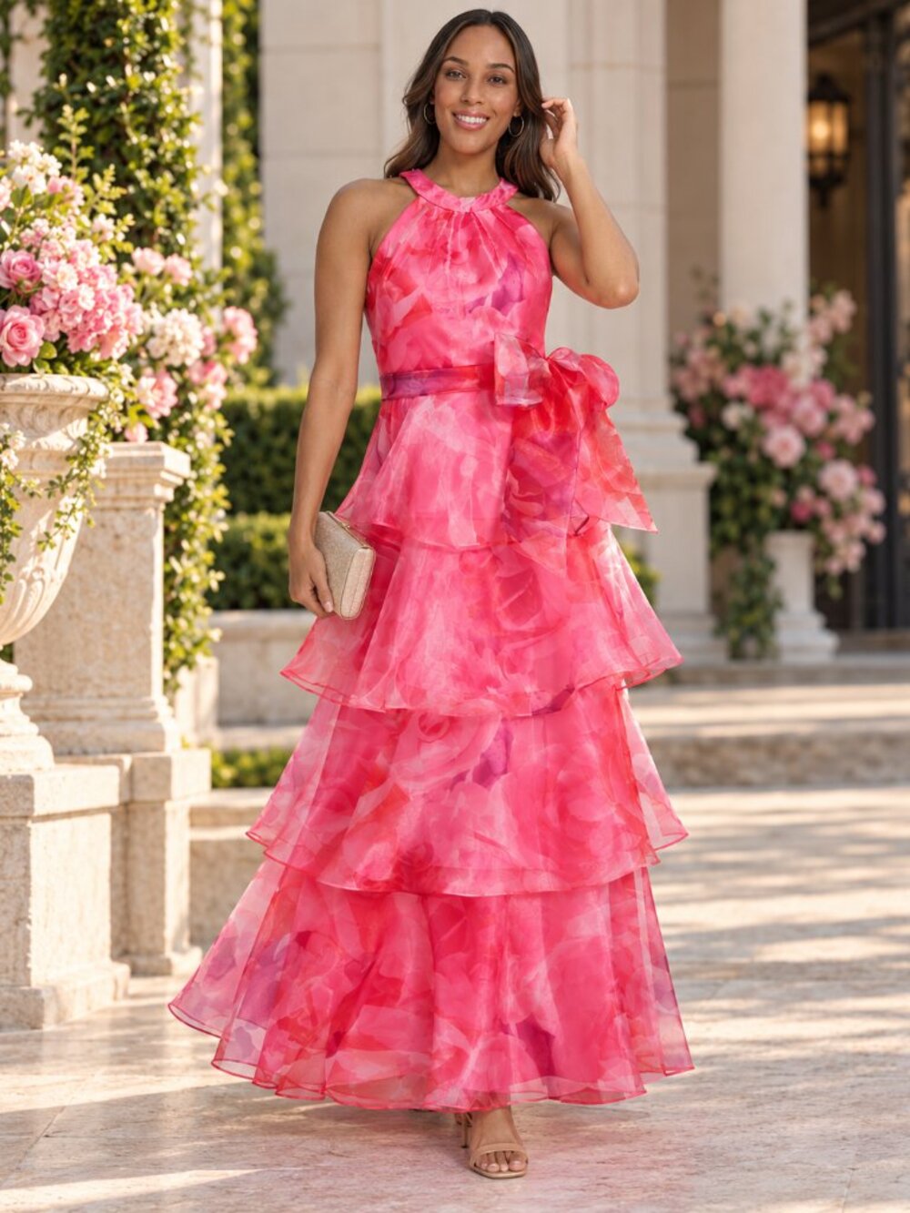 Eliza J Pink Floral Tiered Halter Formal Gown Maxi Dress Size 14 NWT - Picture 3 of 6